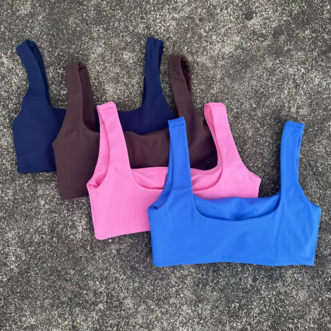 Solid Color Women Square Collar Hollow Back Shoulder Straps Fitness Sport Bra Top Comprehensive Training Gym Yoga Underwear Pad